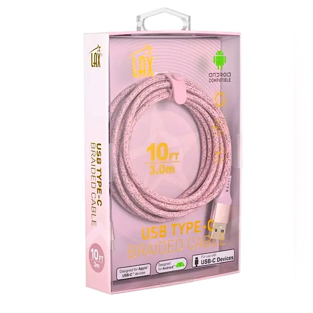 LAX Pink USB Type-C Braided Cable - 10ft, Android Compatible, NEW in Box